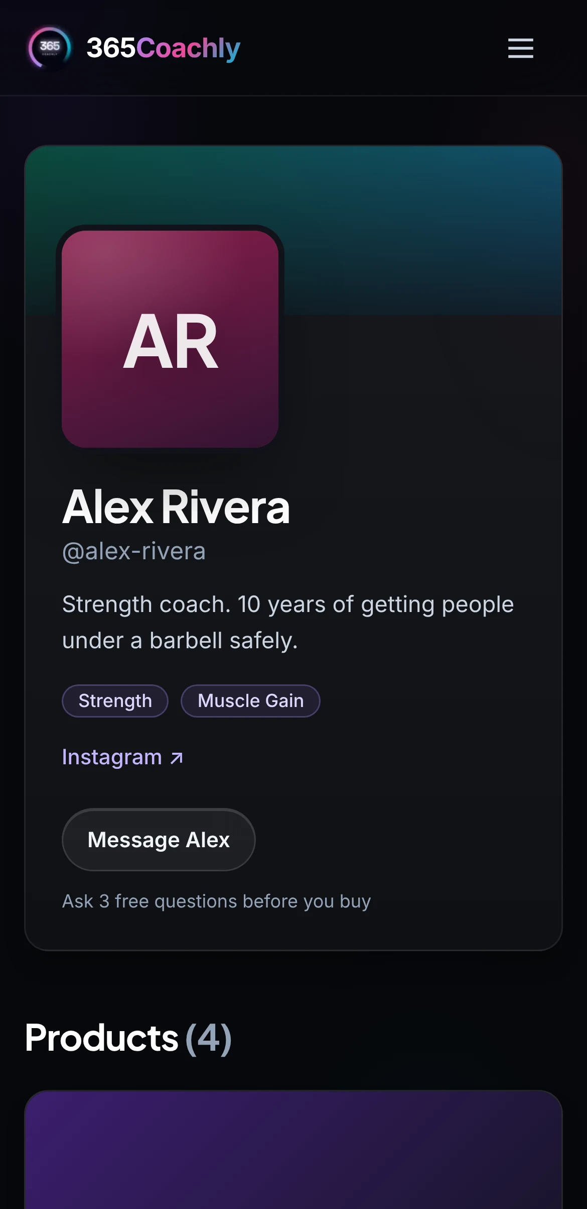 A coach's 365Coachly page on a phone: photo, bio, specialties, a Message button and their programs.